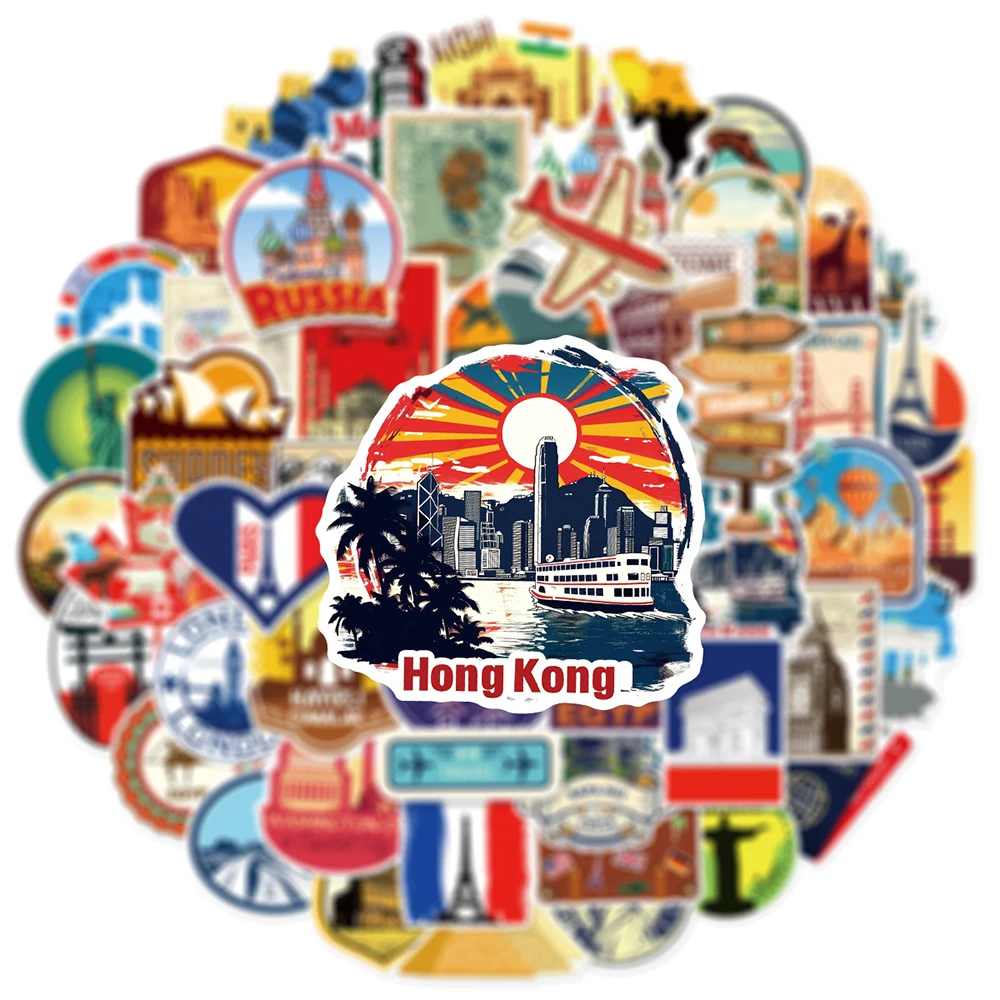 

10/30/50pcsTravel World Scenery Stickers Waterproof City Landscape Cartoon Decals Kids Toys Gifts Retro Decoration Sticker Packs