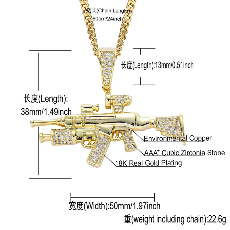 Hip Hop AAA Cubic Zirconia Paved Bling Iced Out CSGO CS GO AK47 AK 47 Gun Pendants Necklace for Men Jewelry Gold Color