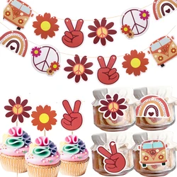 Bohemian Rainbow Bus Flower Cake Topper Paper Banner Hanging Tags for Groovy Hippi Bohemian Birthday Party Decoration Supplies