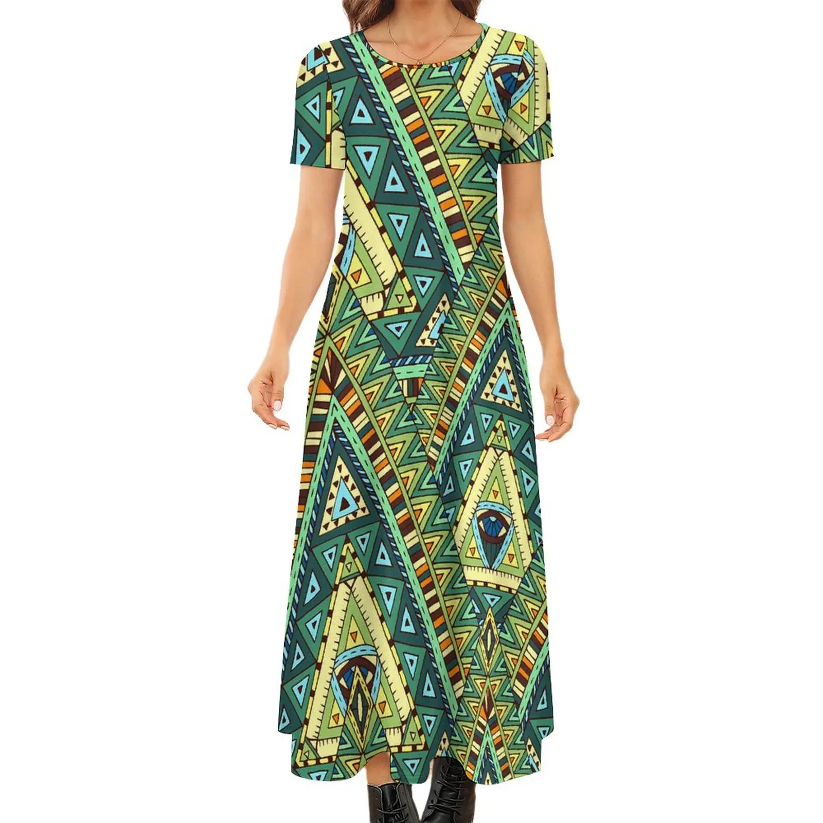 Robe longue ethnique Boho pour femme, tenue de soirée maxi verte et jaune, manches courtes, drôle, plage, grande taille