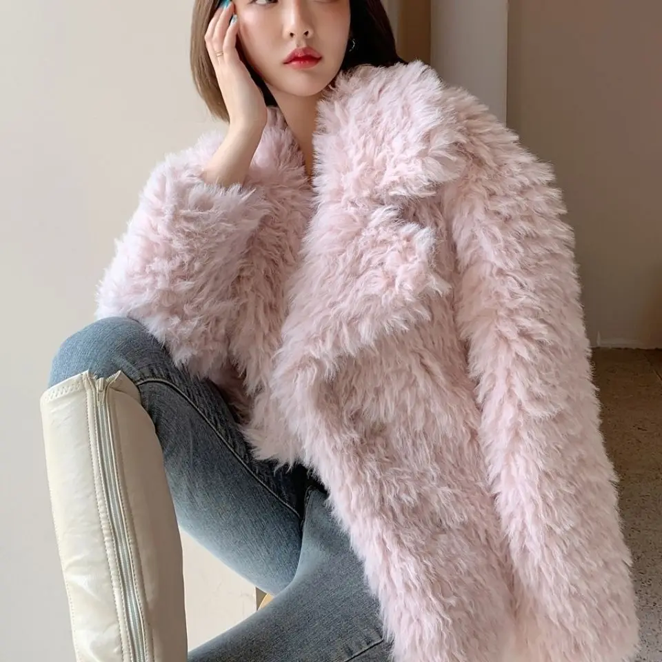 Manteau Maxi en fausse fourrure pour femme, longueur aux genoux, quotidien, rétro, lisse, épissage en forme de V, multicolore, tendance, tempérament Premium Ins