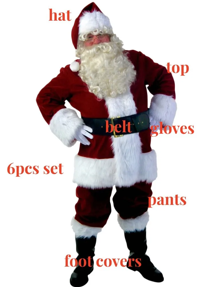 Santa Claus Costume 6PCS Christmas Complete Dress-Up Outfit For Adult Cosplay Santa Suit With Hat Beard Foot Covers For Men