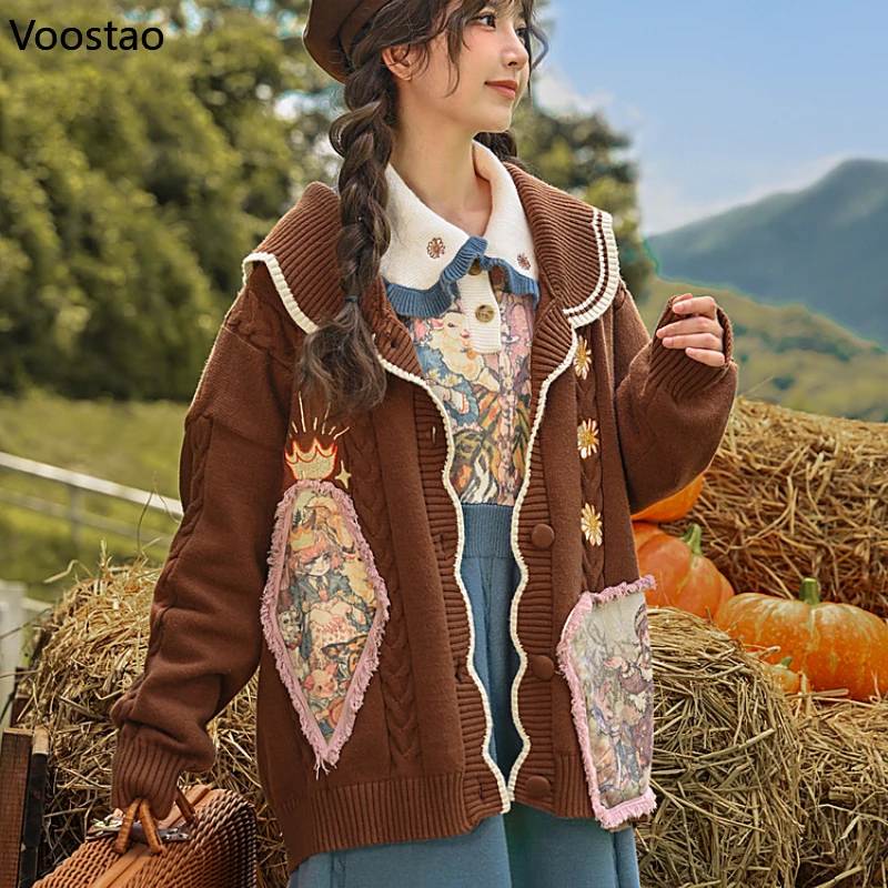 Kawaii Cartoon Jacquard Cardigan Women Vintage Jk Uniform Sweater Coat Autumn Winter Girls Y2k Knitted Tops Sueters De Mujer