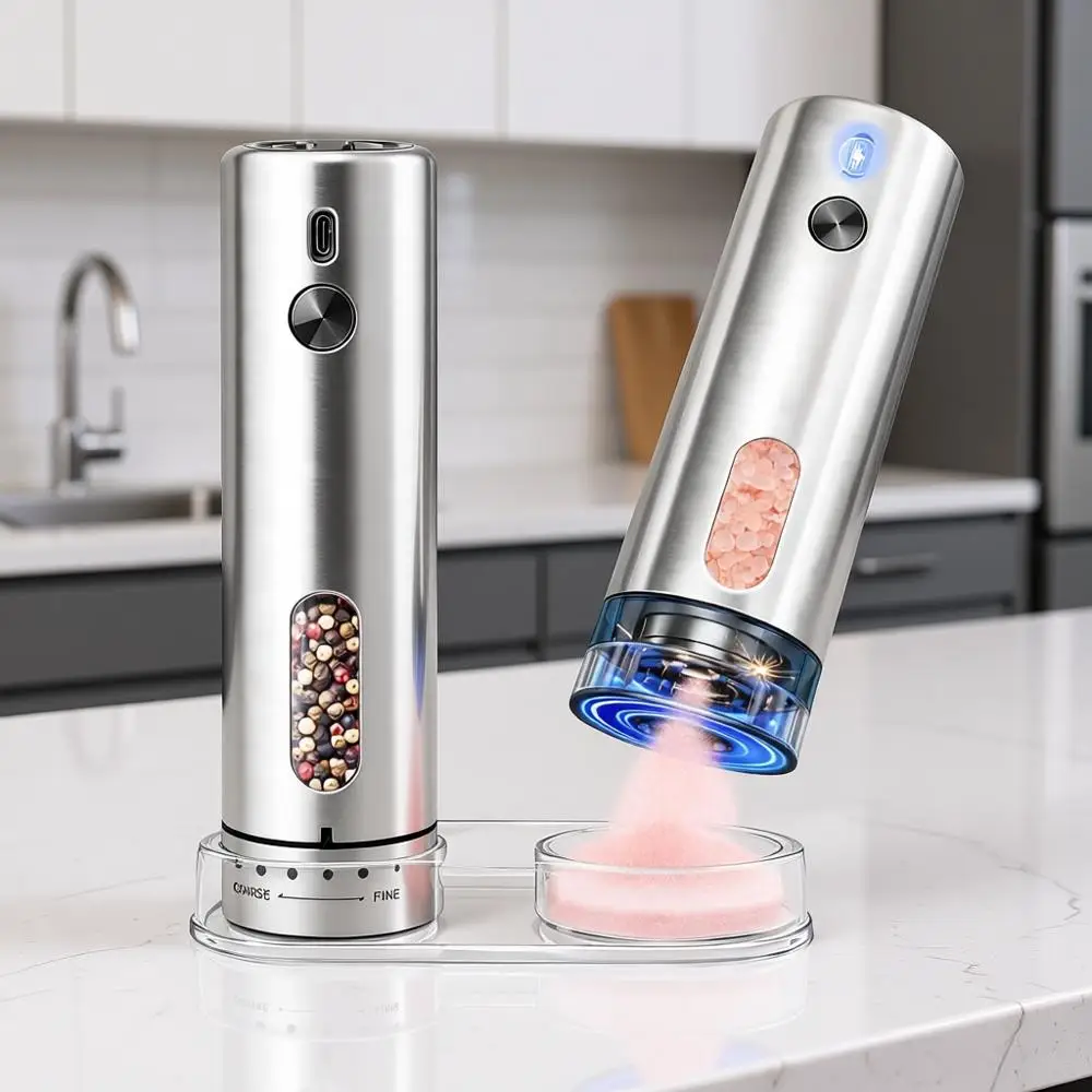 

Automatic Electric Salt and Pepper Grinders with LED Light, Adjustable Coarseness, Stainless Steel, 110ml Capacity