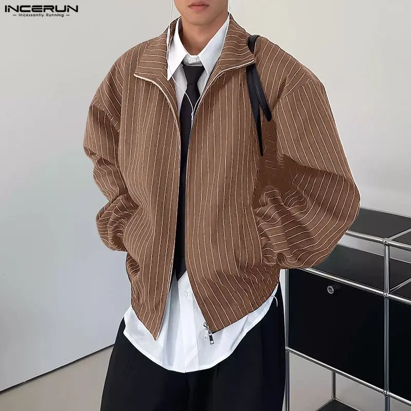 

INCERUN мужские куртки в полоску с лацканами и длинным рукавом на молнии, свободные повседневные мужские пальто, уличная одежда, модные тонкие куртки для отдыха, мужские S-5XL