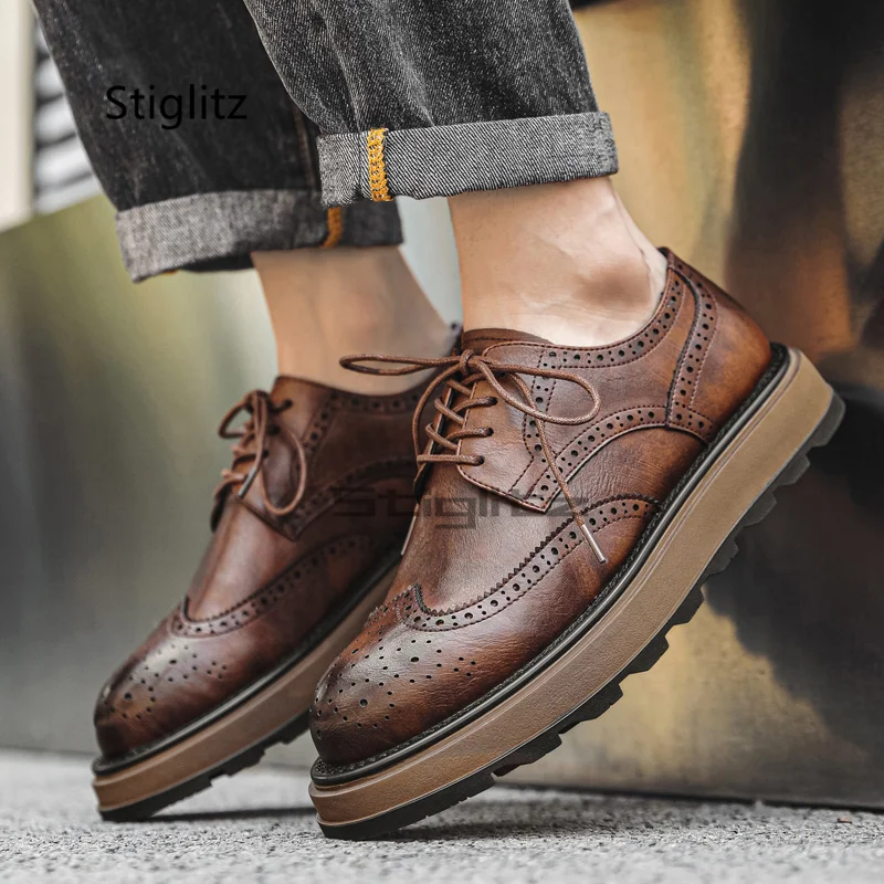 

Brogue Leather Shoes Men's Casual Formal Business Retro Wedding Shoes British Style Breathtable Lace Up Work Office Shoes