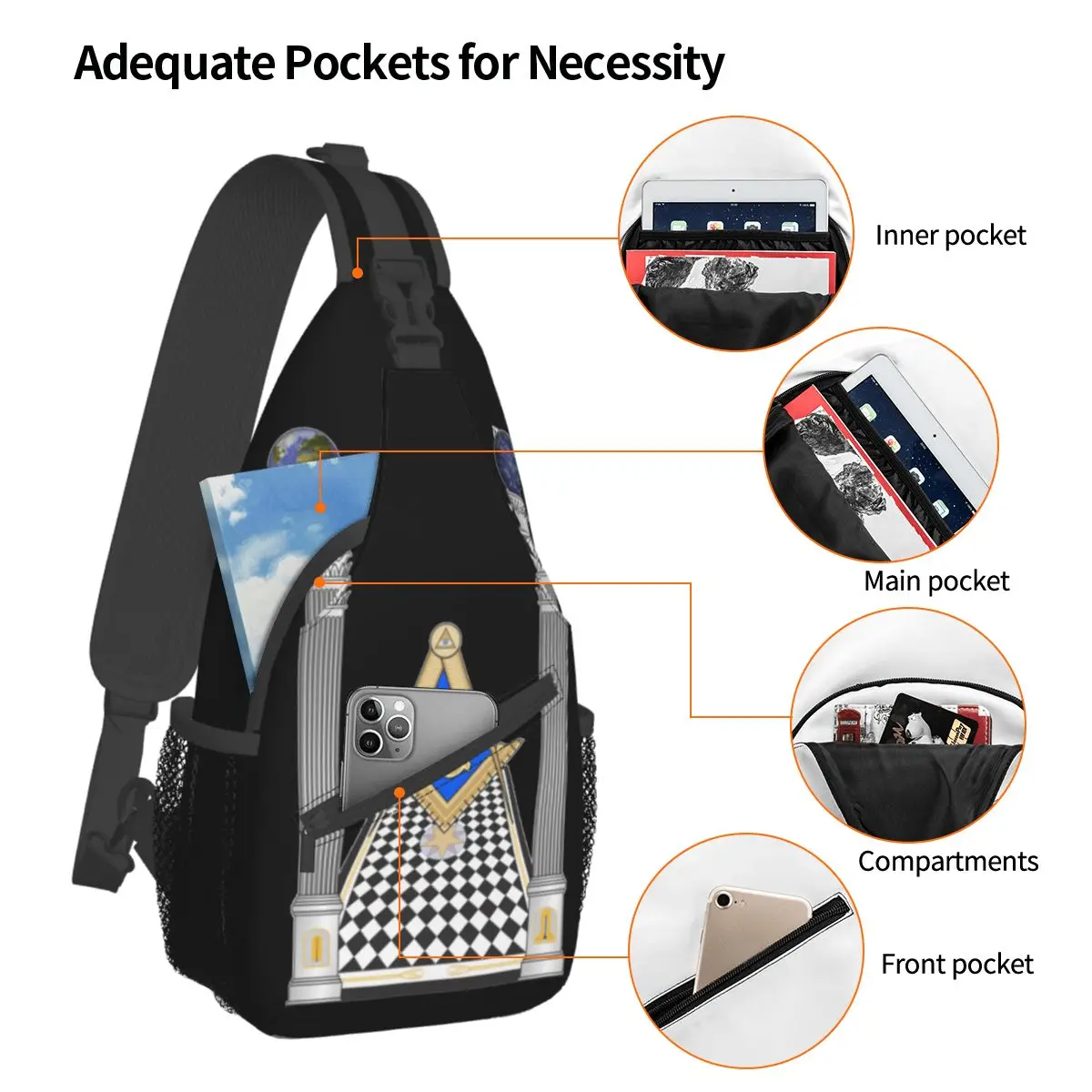 Freemasonry Masonic Crossbody Sling Bag Casual Chest Bag Shoulder Backpack Daypack for Hiking Outdoor Camping Bookbag