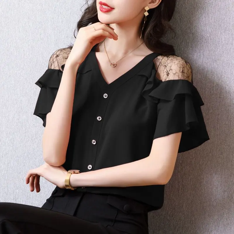 Office Lady Loose Stylish Ruffles Spliced Shirt Summer Off Shoulder Elegant Lace Hollow Out Female Clothing V-Neck Button Blouse