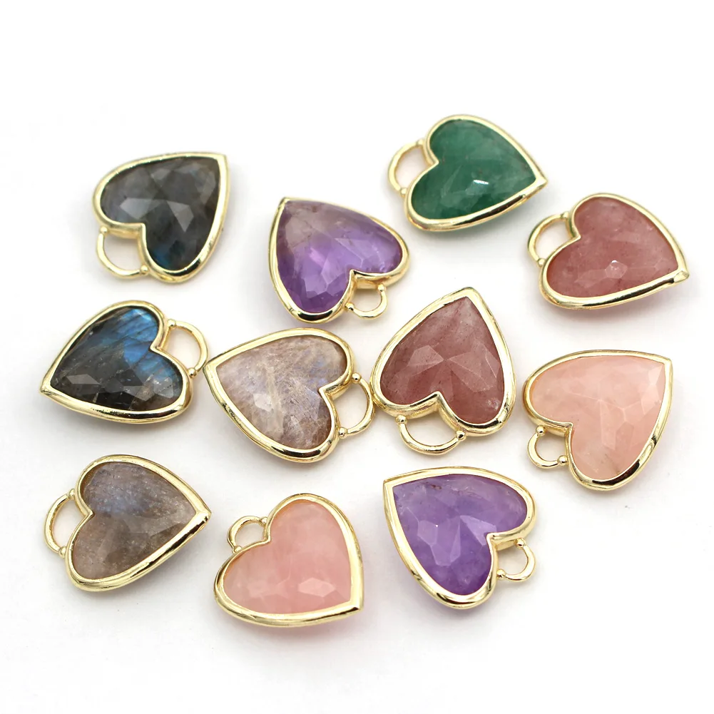 

6pcs Gold Plated Natural Stone Pendants Rose Quartz Amethyst Stone Love Heart Charms DIY Stone Bracelet Necklace Making