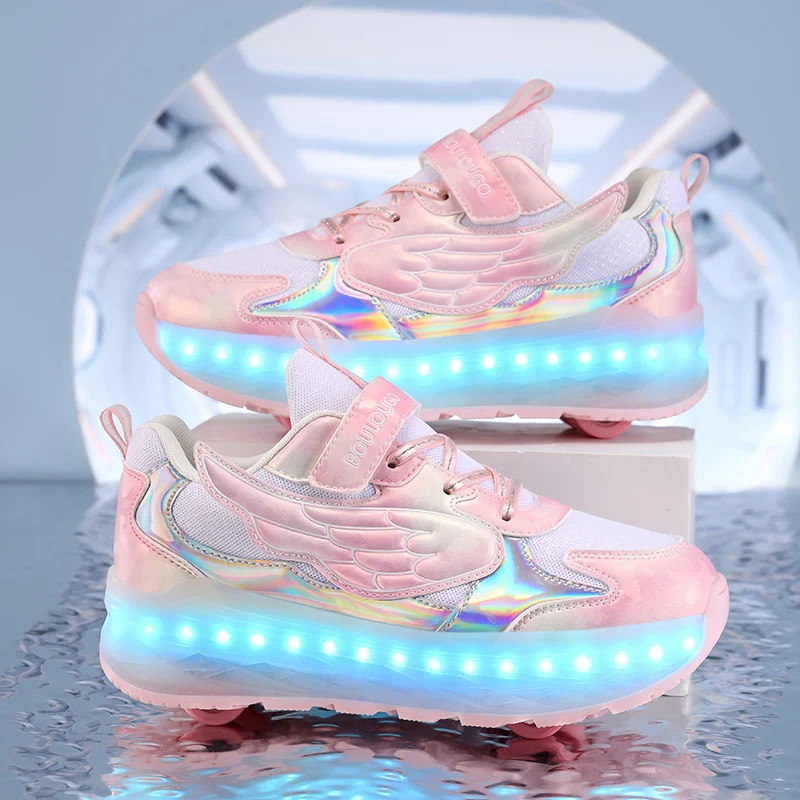Boys Girls Roller Shoes Flashing Fashion With 4 Wheels High Quality Walking Youth Parkour New LED Lights Deformation Skate Shoes