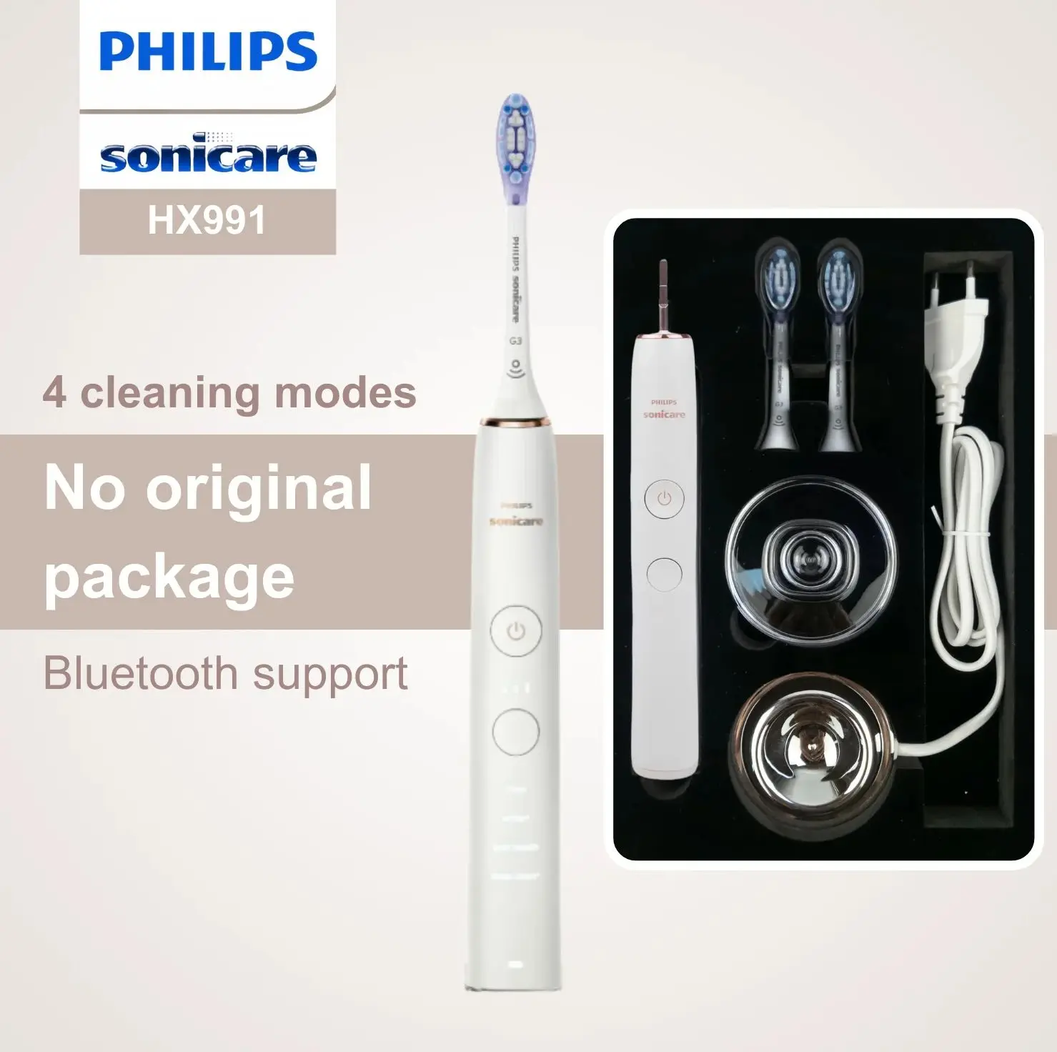 

Philips sonicare electric toothbrush HX991, No original packaging, G3 Brush Head, Bluetooth connectivity, 4 modes