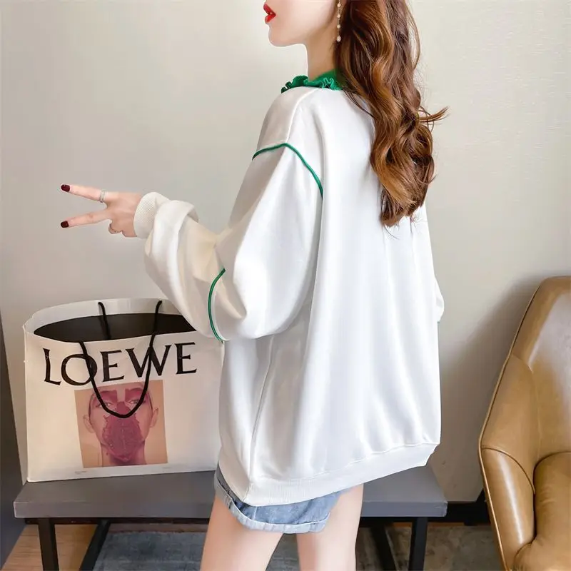 Polo-Neck New Women Clothing Casual Patchwork Long Sleeve Pullovers Femme Trend Printing Loose Pullover Sweatshirts Autumn Tops