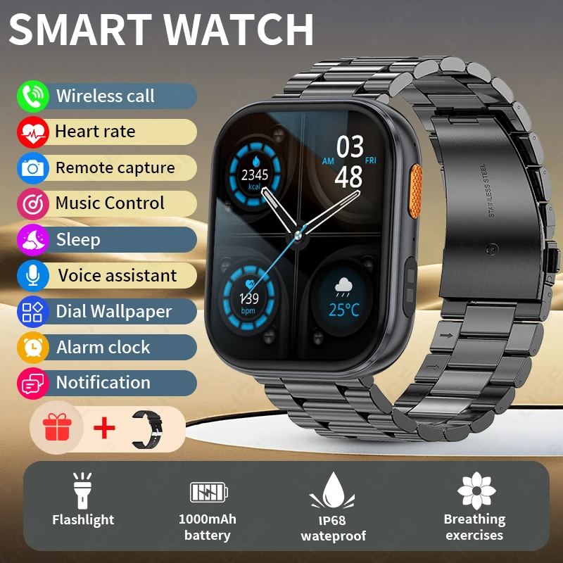 

LIGE Bluetooth Call Smart Watch 2.04" Display 1000mAh Large Battery Heart Rate Monitor IP68 Waterproof Sport Fitness Smartwatch