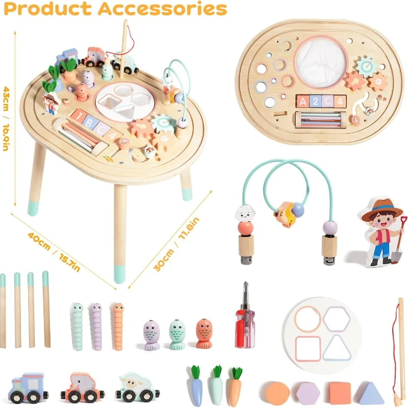 10 In 1 Kids Wooden Activity Table Bead Maze Track Train Fishing Interactive Educational Toy