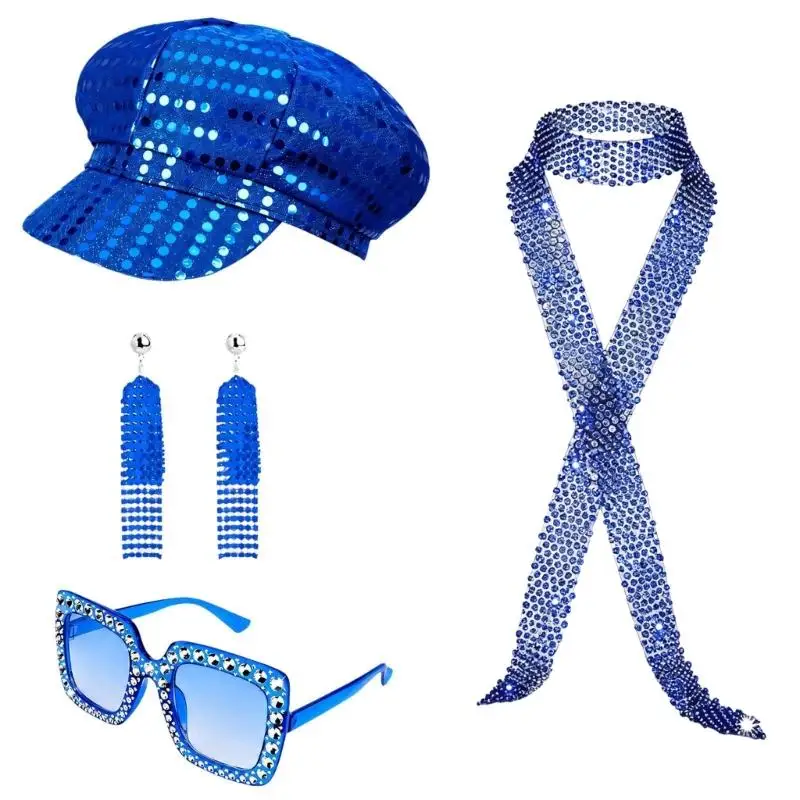 39BD Disco Costume Styling Set with Decorated Cap Sunglasses Earrings and Neck Scarf for Group Photos and Party Use