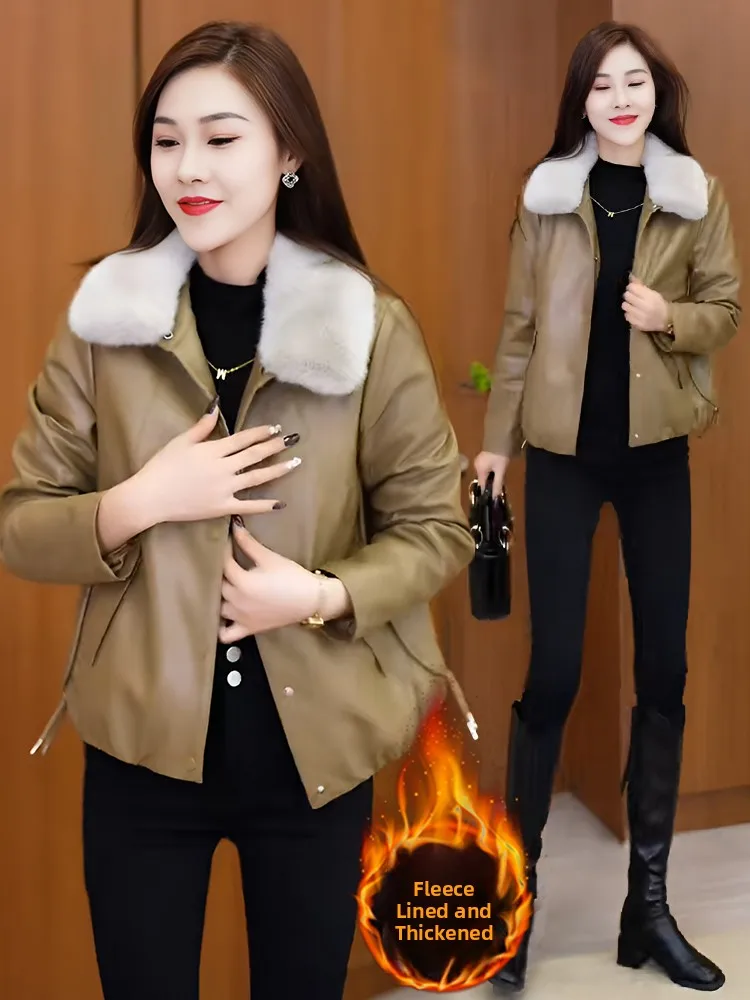 Dames ort Thiened Fce gevoerd leer Jaet Herfst Winter Nieuw ontwerp Veelzijdige Sli Commute Sle Long Sve Butt...