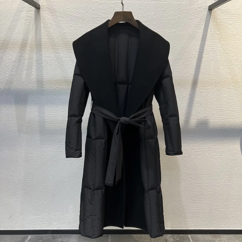 リバーシブル カシミヤ混 ホワイトグースダウンコート レディース ドローストリング付き