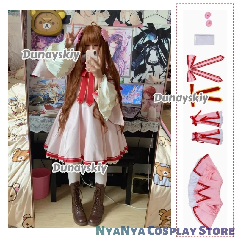 

Rewrite Kotori Kanbe Cosplay Costume Pink Maid Dress With Red Ribbon Lace Trim And Flower Hair Clips Halloween Anime Outfit