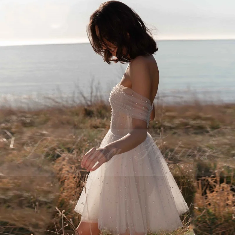 Vestido de novia corto sin tirantes con cuentas de purpurina, novia con minivestido de cuello en V, botones por encima de la rodilla, color blanco