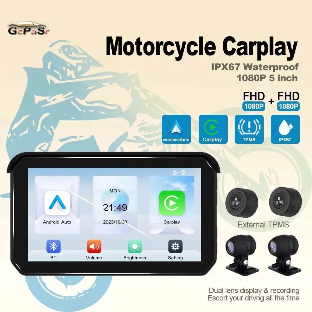 

Gcpasr 5 Inch Portable Motorcycle Carplay Gps Navigation Waterproof Display Android Auto 1080p Ips Screen Dash Cam Tpms