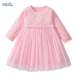 Little maven Children's Clothing 2024 Autumn Kids Clothes Cotton Baby Girls Cartoon Long Sleeves Hearts Mesh Dresses 2-7 year