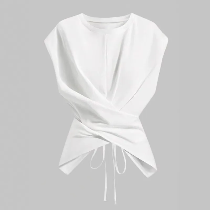 

KEXU Summer New Slim and Versatile Short Sleeved T-shirt Crossed Thin Straps At The Hem Short Top