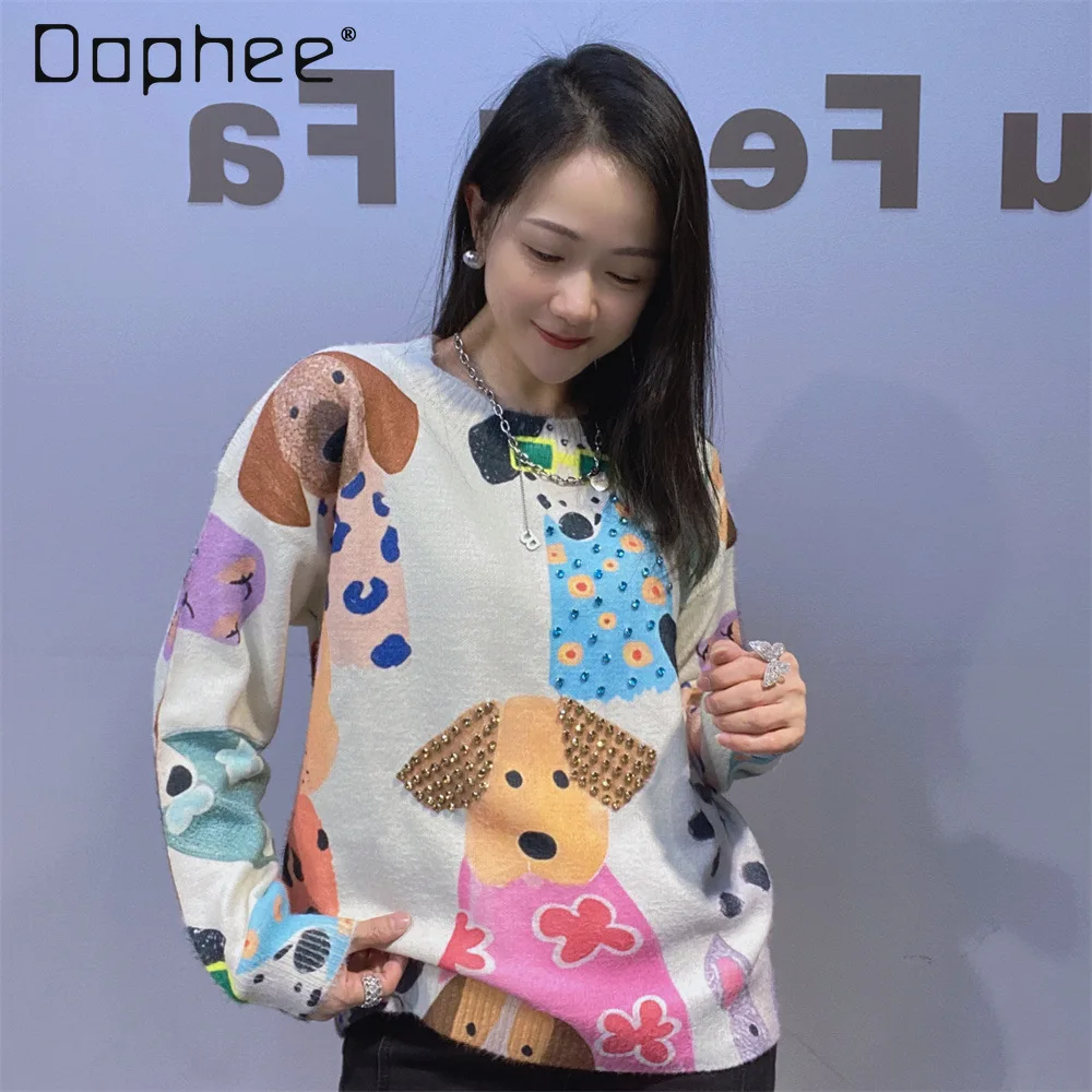 

Heavy Craft Nail Drill Round Neck Sweater 2025 Autumn Winter New Loose Cute Printed Cartoon Long Sleeve Knitted Top for Women