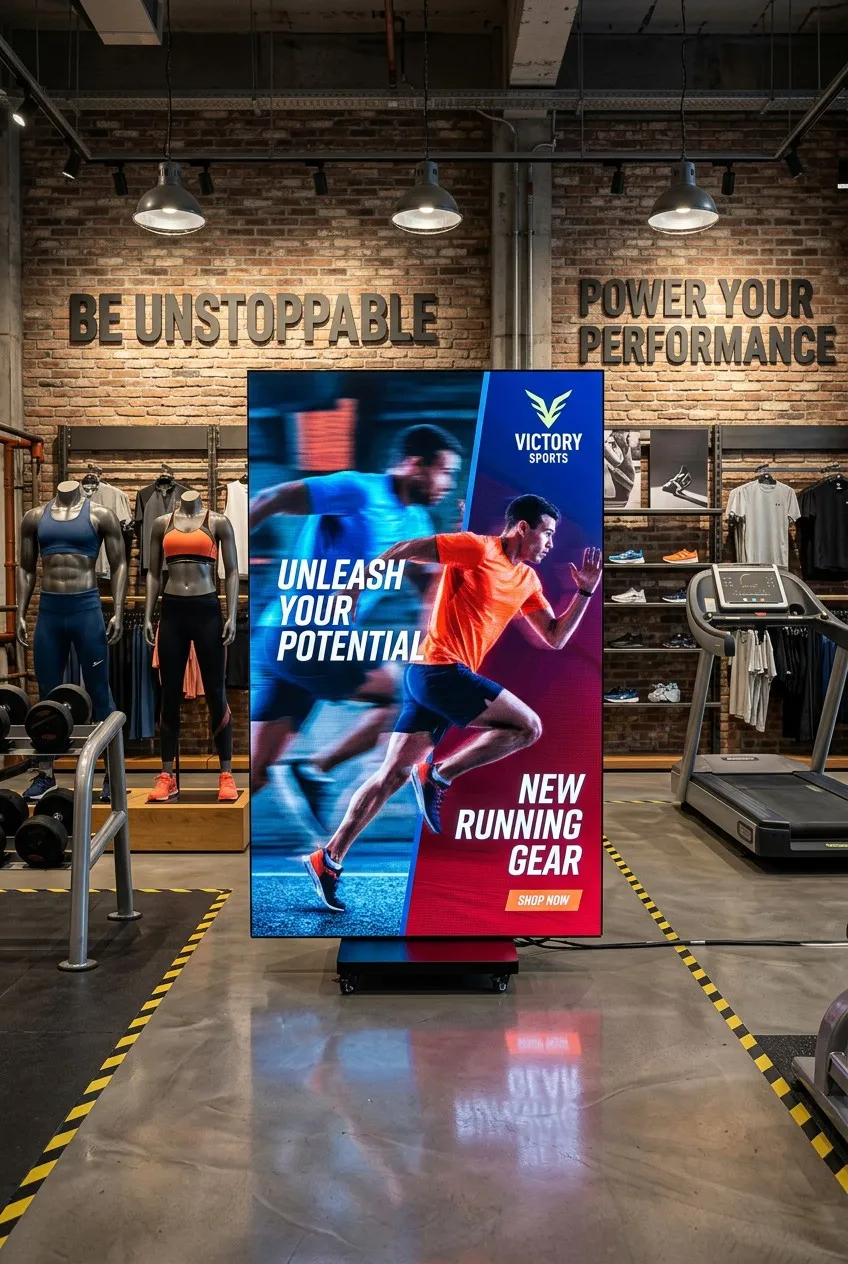 Indoor P1.5/P1.8/P2.5 GOB 1248x832mm Tri-Fold Splicable Full Color LED Poster Screen 500 Nit WiFi 4G Digital Standee Mall Retail
