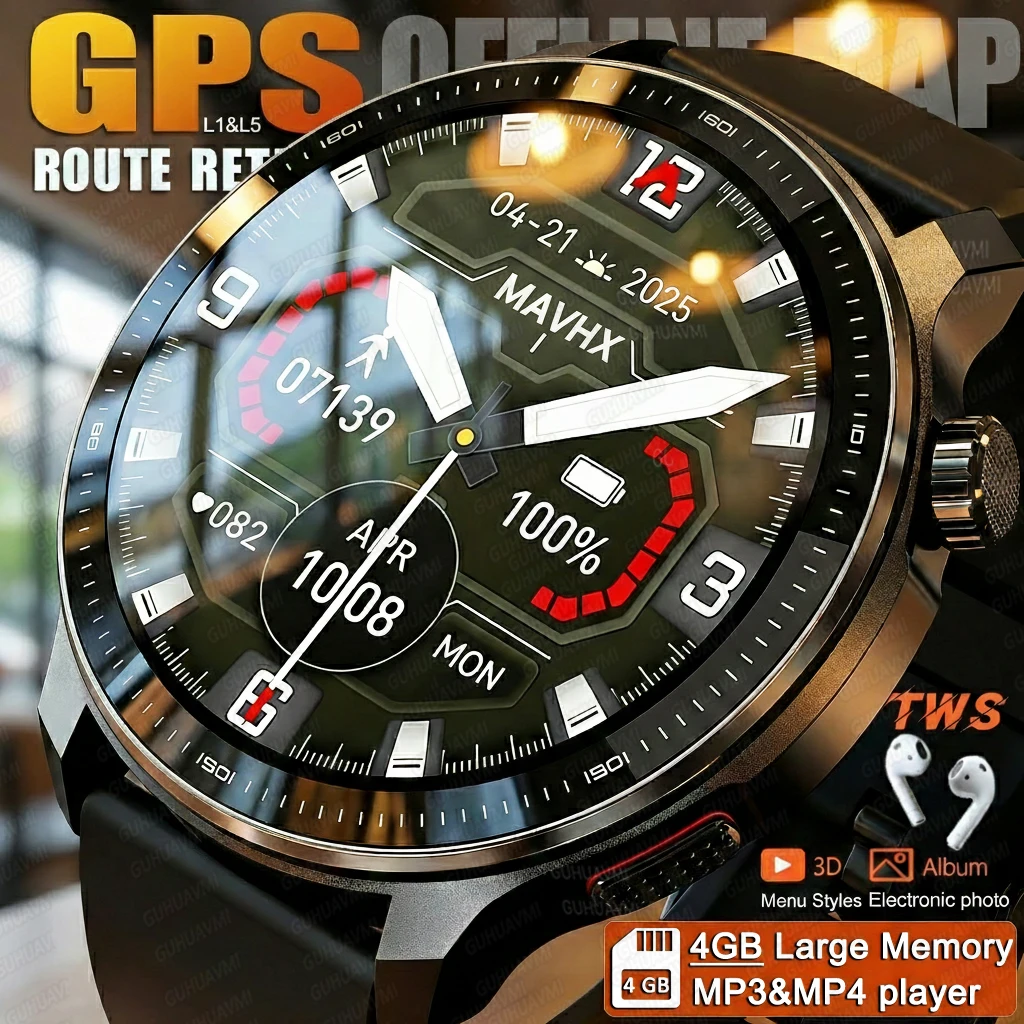 

НОВЫЕ умные часы для мужчин с GPS, 4 ГБ памяти, офлайн-картами, TWS, музыкальным и видеоплеером, 3D-меню, компасом, голосовыми вызовами, спортивные, водонепроницаемые, с функцией браслета