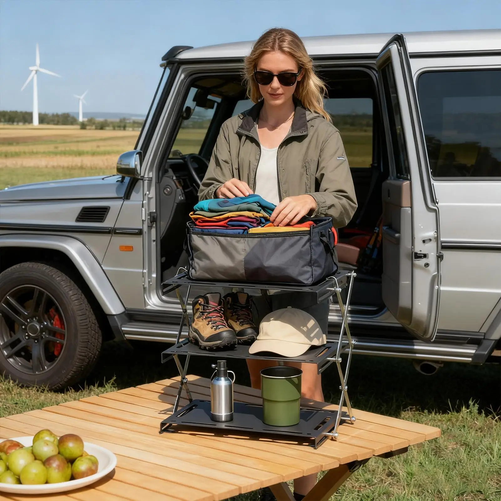 Rak Camping Stainless Steel 3-Tingkat Meja Pajangan Rak Penyimpanan 3-Tingkat Untuk Dapur Camping Piknik Memancing Halaman Belakang