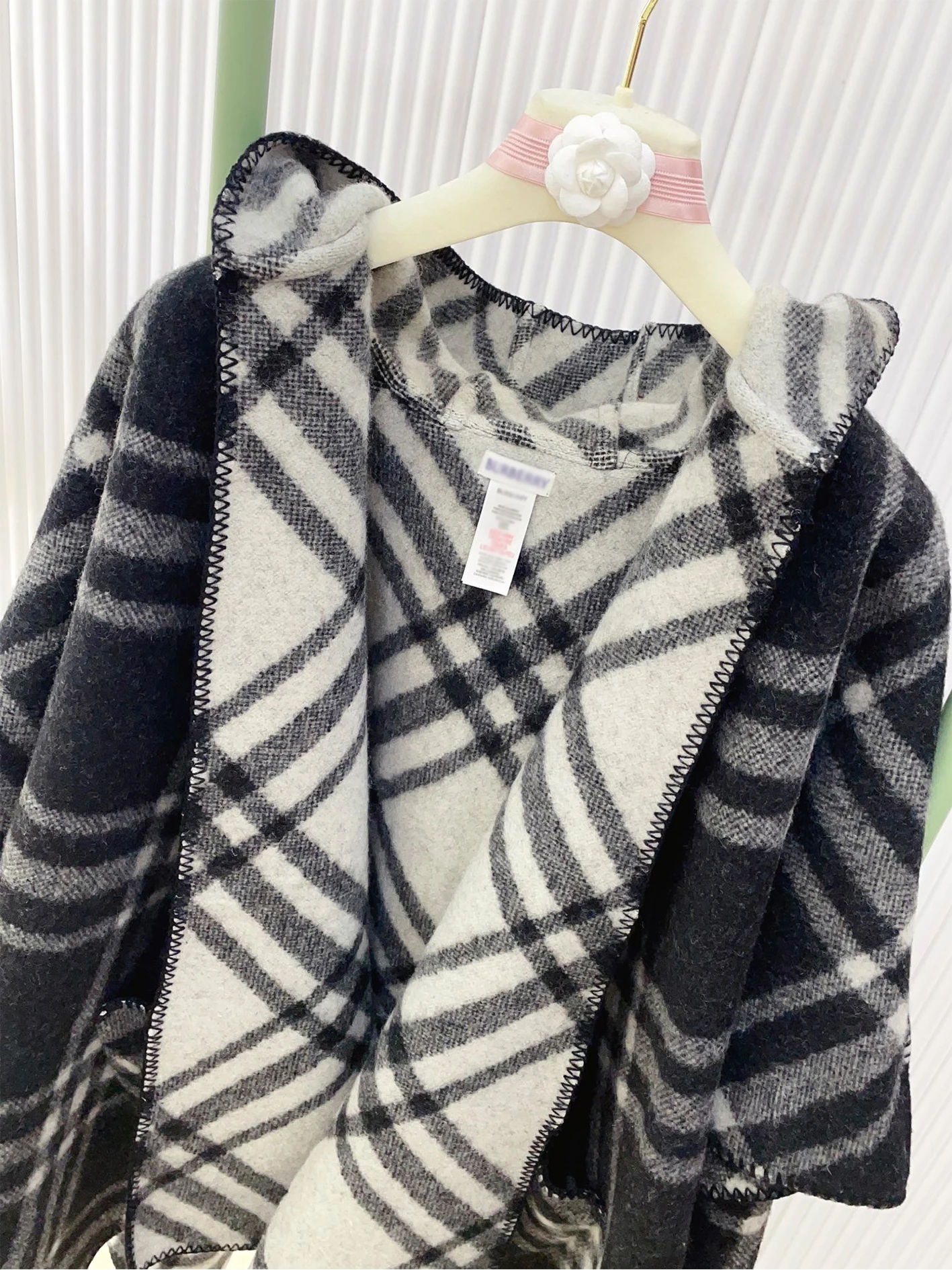 

Reversible Check Wool Cape, Hooded cape, Wool woven, Women's luxury, Winter warm scarf, Black, New Year gift, Side patch pockets