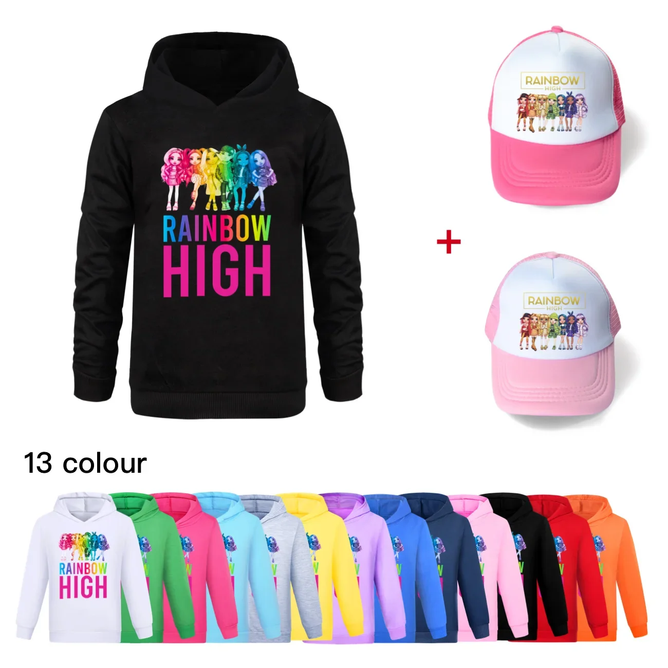 

Spring New Hoodie Kids Hooded Sweatshirt & Sunhat Toddler rainbow high Girls Cotton Long Sleeve Coats Children Clothing 3415