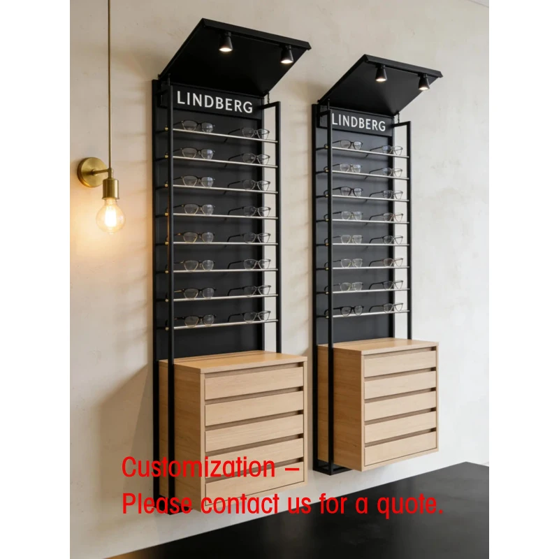 custom.Minimalist Black Metal Eyeglass Sunglasses Display Rack LED Lighting Wall-Mounted Showcase Featuring Storage Drawers
