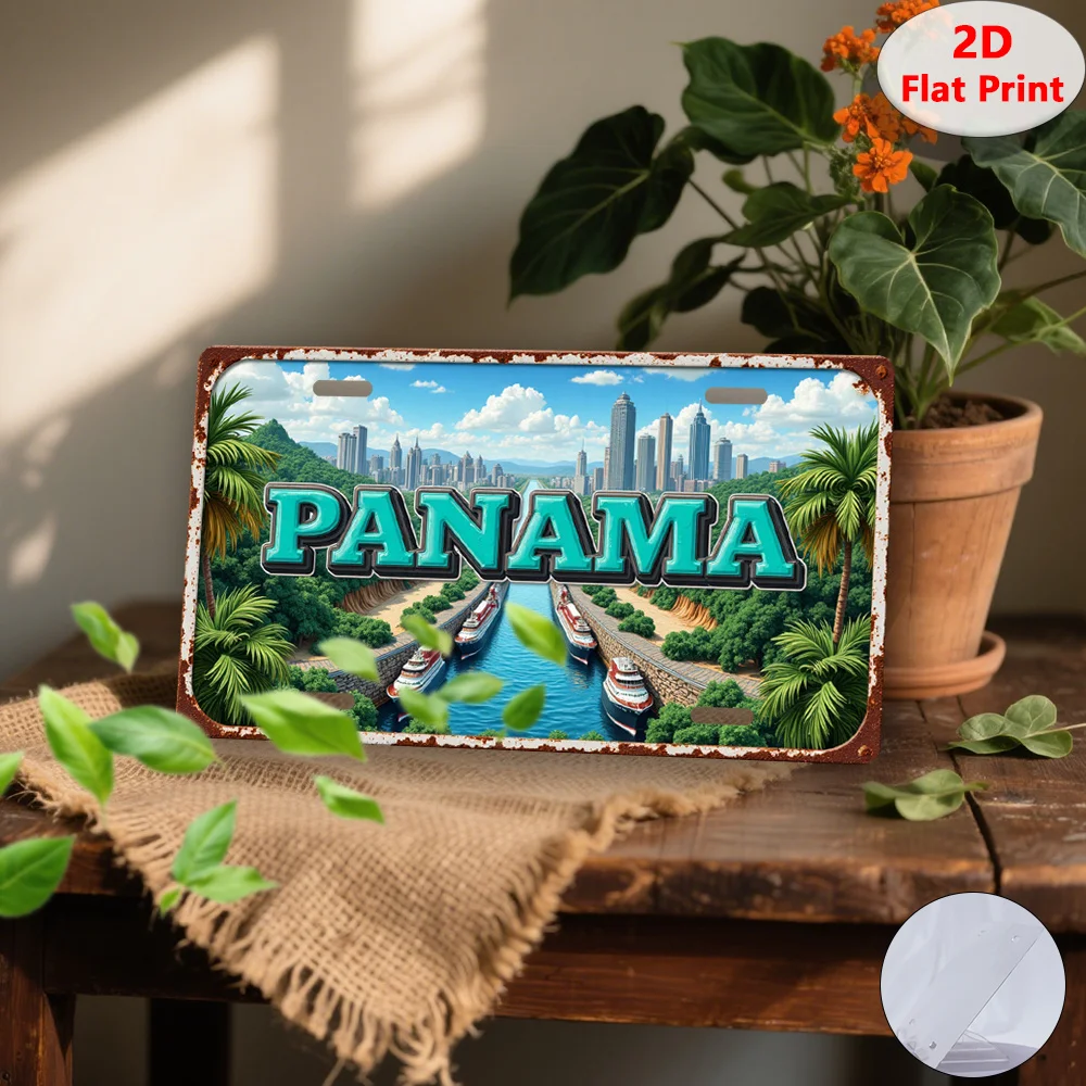 2D Flat, 1pc, 2D Flat Printing, Vintage Tin Sign, Decorative Plaque and Ornament, Panama Canal, "PANAMA", Panama Travel Souvenir - view 5