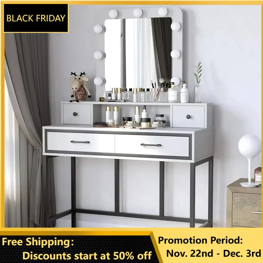 

Dressers with Lights, Makeup Desk with 3 Color Dimmable Lighted Mirror, Vanity with Drawers, Large Dressing Table for Women