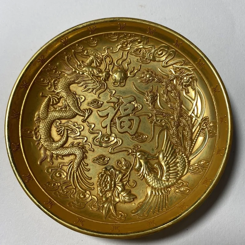 Bronze ornament, gilded playing with pearls, dragon and phoenix auspicious golden plate, home decor, decorati