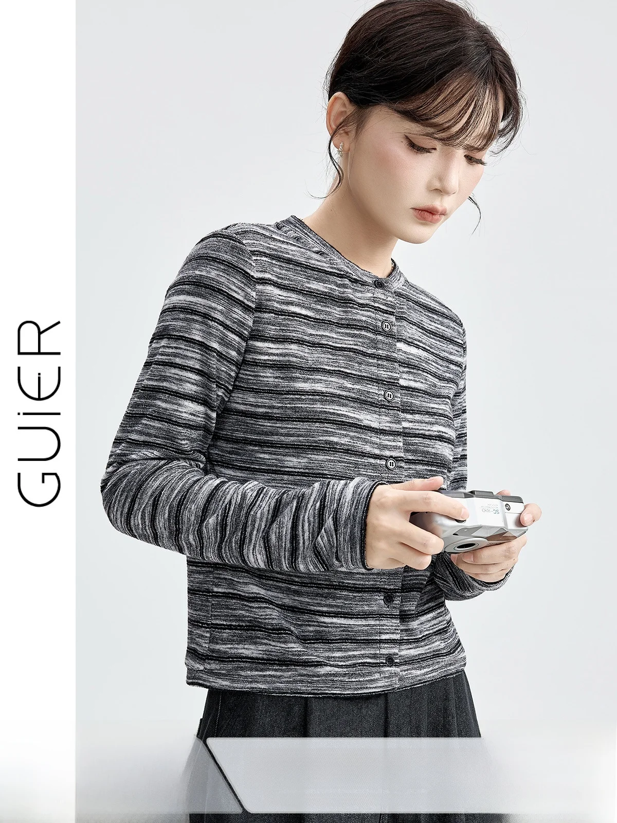 

Guier женский вязаный открытый кардиган повседневный круглый Ne Slim Fit Long Sve Stand Edition осенний новый дизайн в полоску