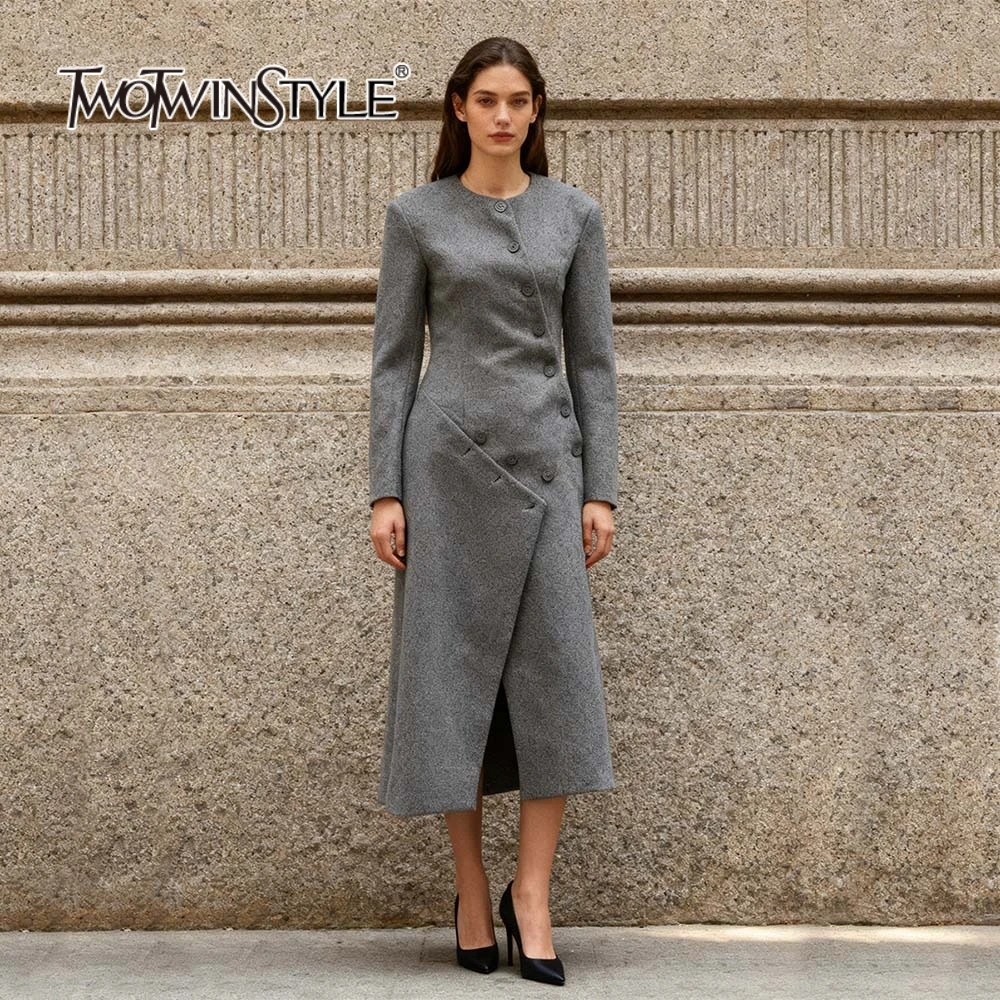 

TWOTWINSTYLE Solid Slimming Spliced Buttons Design Sense Coats for Women Round Neck Long Sleeves Tunic Temperament Coat Female