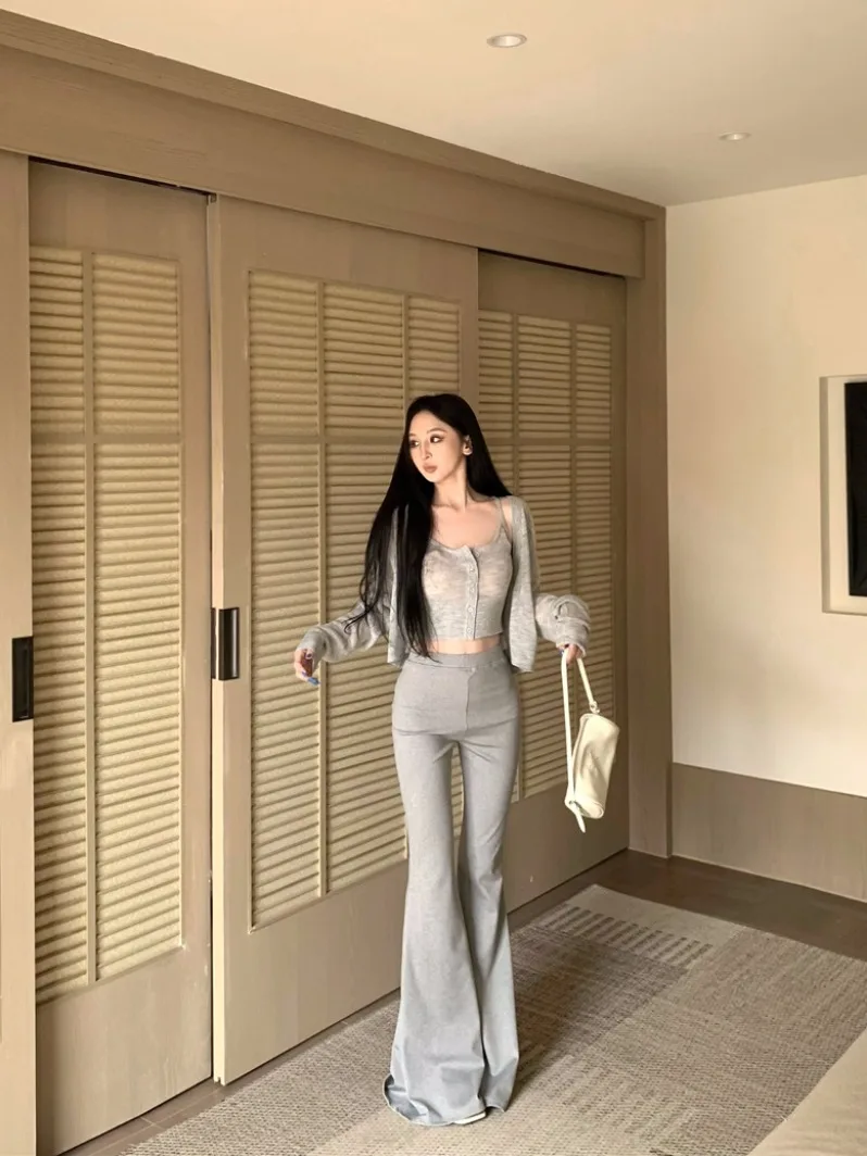 

Gray Short Thin Knitted Open Cardigan with Tank Top Women Summer Set High Waist Flared Pants Three Piece Suit Casual Fashion