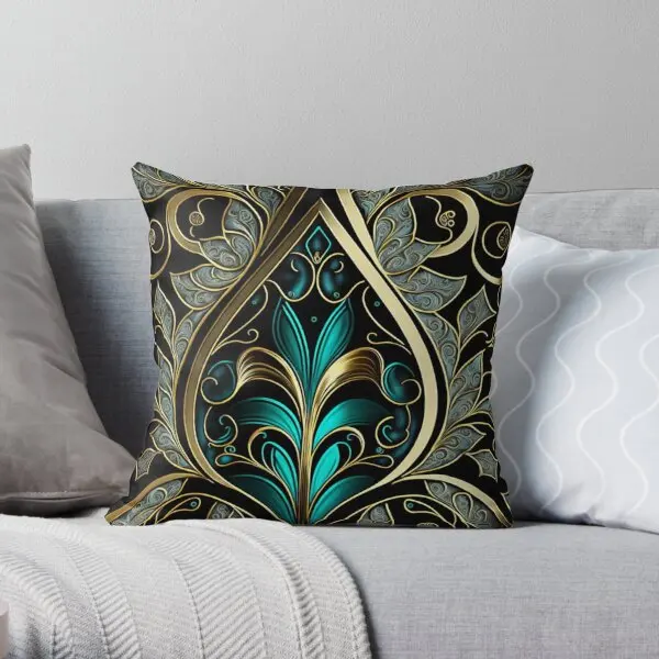 Elegant Gold Silver And Teal Art Noveau  Printing Throw Pillow Cover Soft Car Comfort Case Bed Home Pillows not include One Side