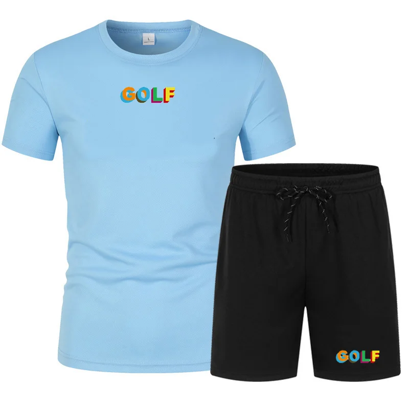 Zomer Golf Logo Kleur Afdrukken Mannen Sportkleding Tweedelige Pak Fitness Uniform Korte Mouwen Blauw T-shirt + shorts