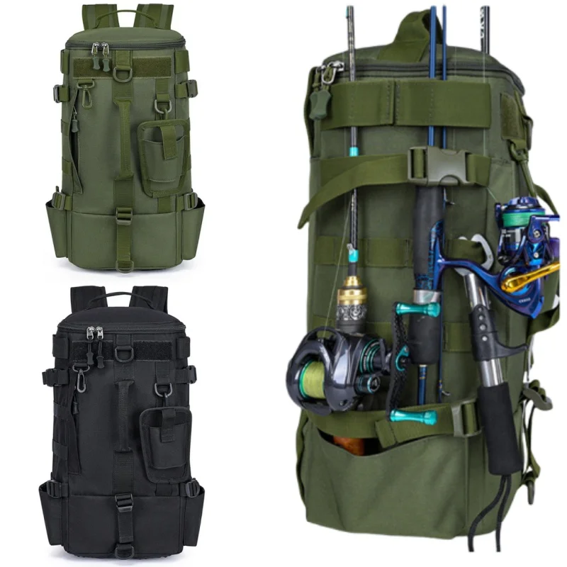 Large Capacity Outdoor Fishing Bag Water-Repellent Polyester Dry Wet Separation Bag Mountable Rod Holder Tactical Tackle Pack
