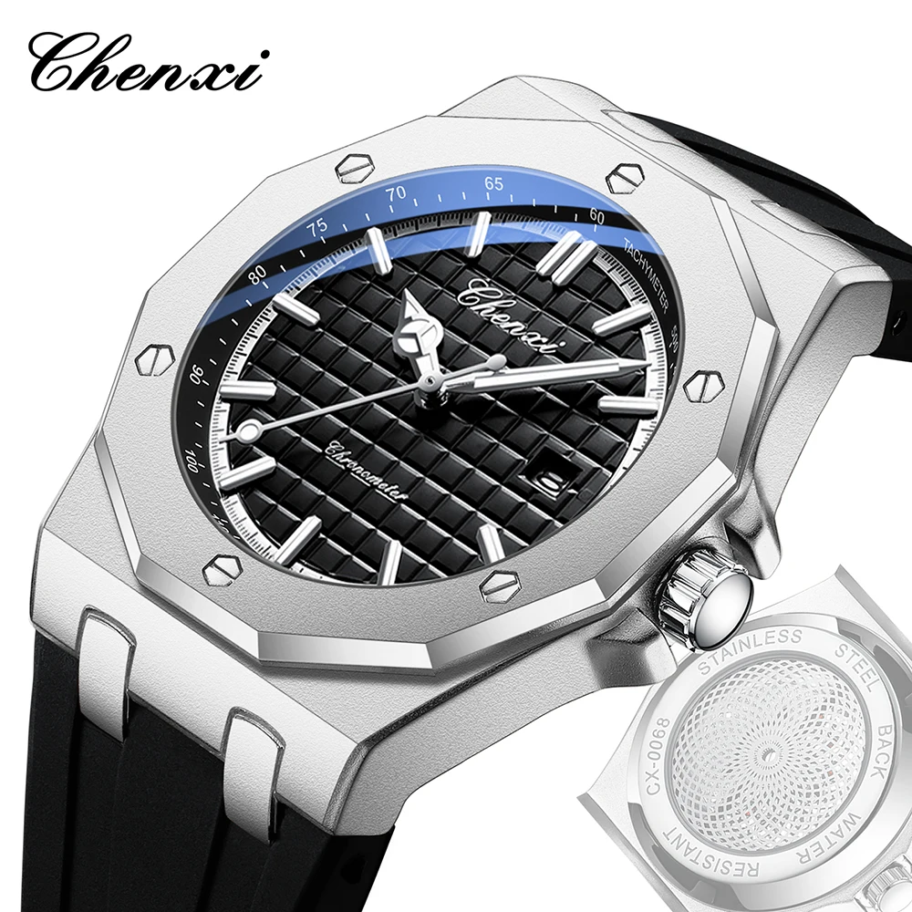 CHENXI Fashion Waterproof Sport Mens Watches Balck Silicone Strap Skeleton Sweep Second Movement Quartz Wristwatches For Men