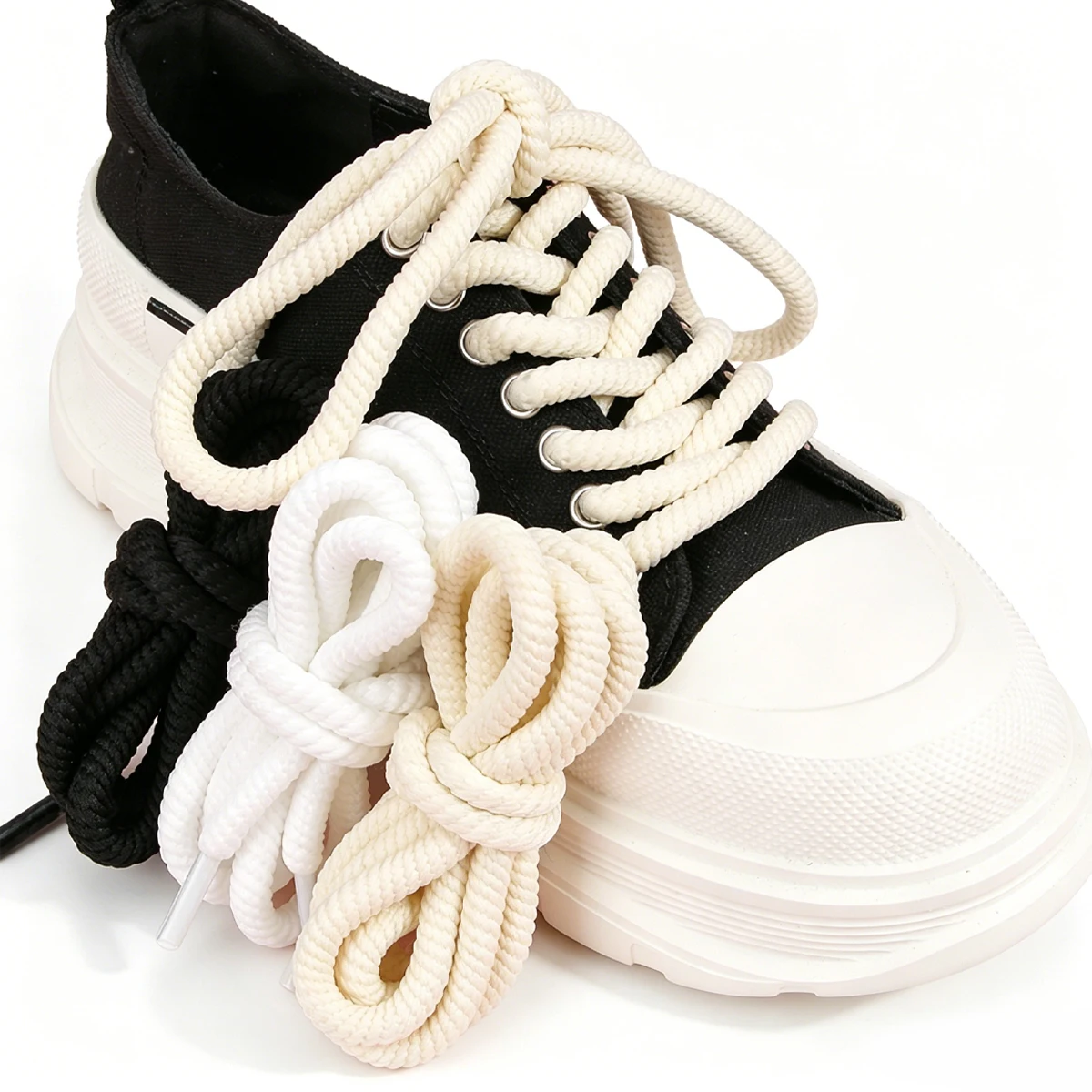 10mm Gewebte Runde Schnürsenkel, Dicke Geflochtene Schwarz-Weiße Schnürsenkel für Sneaker und Stiefel