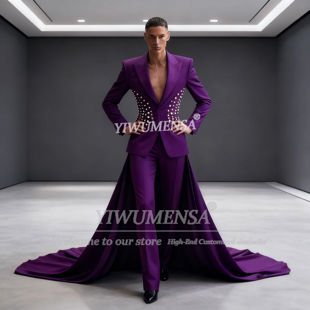 بدلة صلبة حصرية للرجال مع كيب طويل مخصص واحد الصدر للحفلات الراقصة ملابس لؤلؤية لحفلات الزفاف والعريس البدلات الرسمية Ropa Hombre