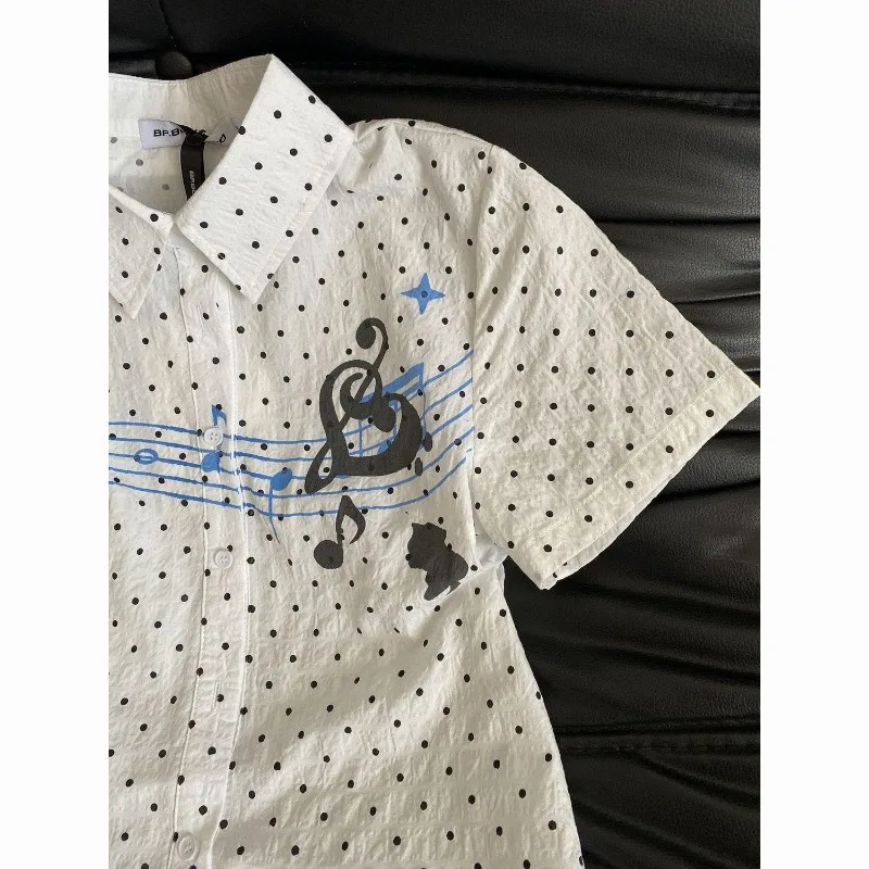 Kimotimo Music Note Graphic Print Blouse Women White Short Sleeve Button Up Shirt Polka Dot Harajuku Y2K Kawaii Vintage Cute Top