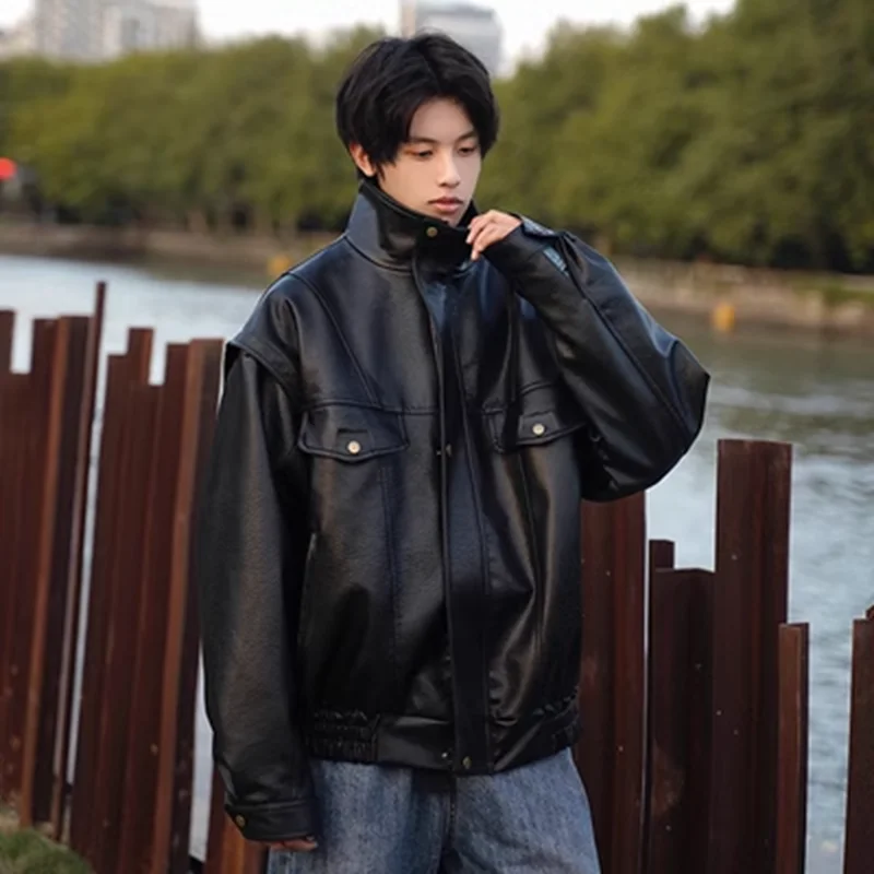 

Harajuku Sle Pure Color из искусственной кожи Jaet в стиле хип-хоп, крутая одежда на пуговицах в стиле ретро для мальчиков, американская винтажная мотоциклетная одежда, ветровка