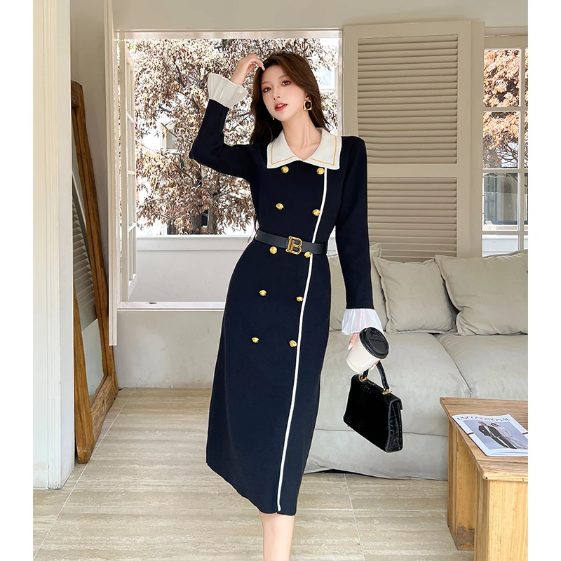 벨트가 달린 빈티지 니트 드레스 여성 더블 브레스트 긴 소매 드레스 스타일리시 우아한 시크 패션 여성 의류