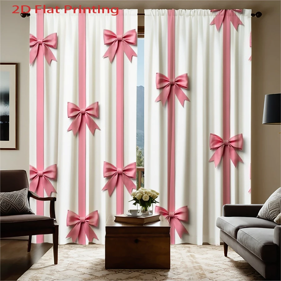 2PCS Digital Print Curtains, Pink Striped Bow Pattern, Preppy Ribbon Decor Cute Girly Striped Feminine Chic Bedroom Drapes