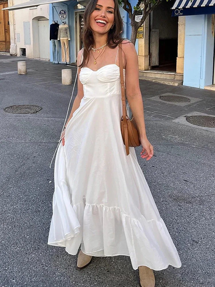 Elegant Lace Up Backless Long Dress Women High Waist Sleeveless Off Shoulder Ruffled Hem Dresses Female White Strap Holiday Robe